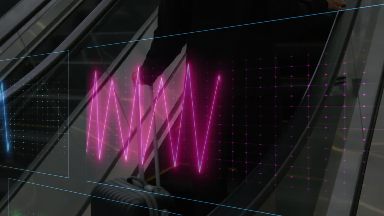 business traveler woman ascending escalator at hub passing neon line charts pink?green overlays
