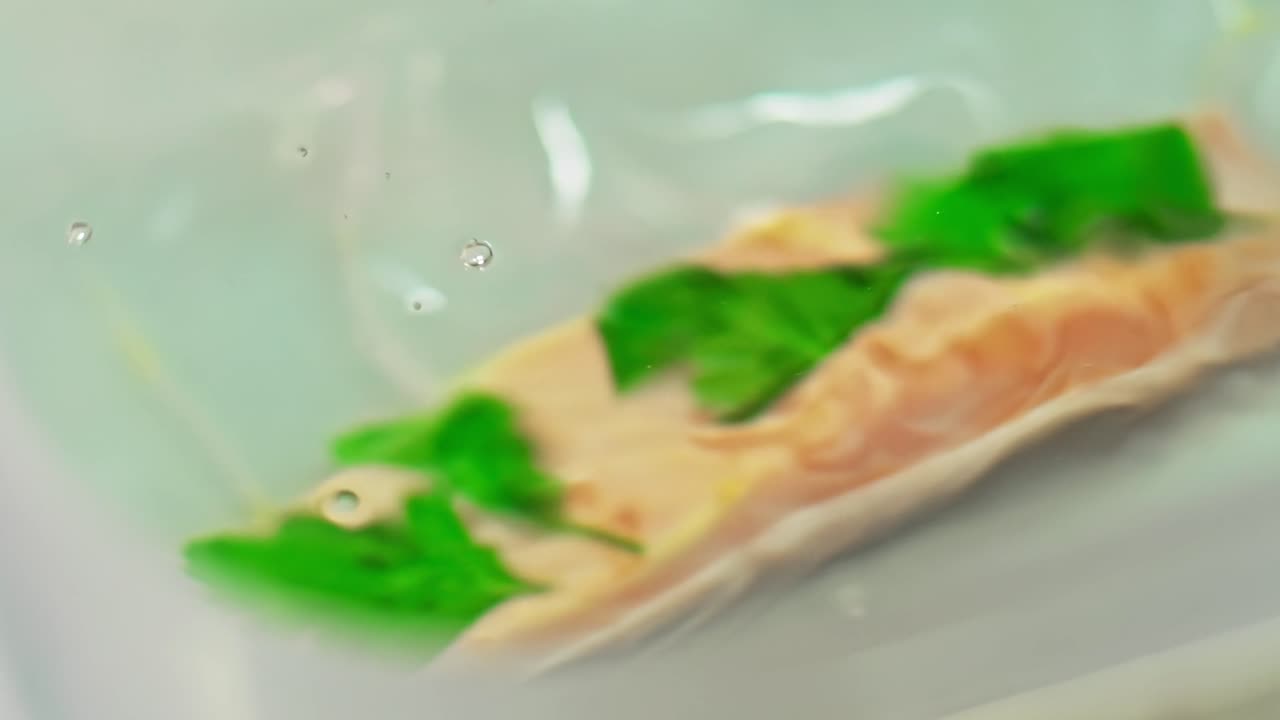 Slow cooking a piece of salmon with vegetables in a vacuum bag