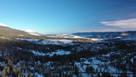 aerial drone shot over a beautiful snow covered valley on a cold winter day