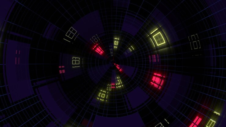 Vibrant neon-lit geometric tunnel with futuristic aesthetic