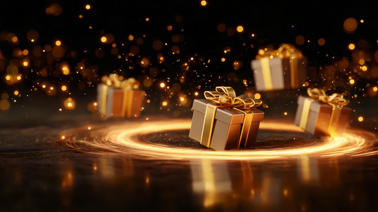 A Magical Display of Floating Golden Gift Boxes in a Dazzling Glow of Sparks and Lights, Creating an Enchanting Atmosphere Perfect for Celebrating Special Occasions and Bringing Joy to Every Viewer