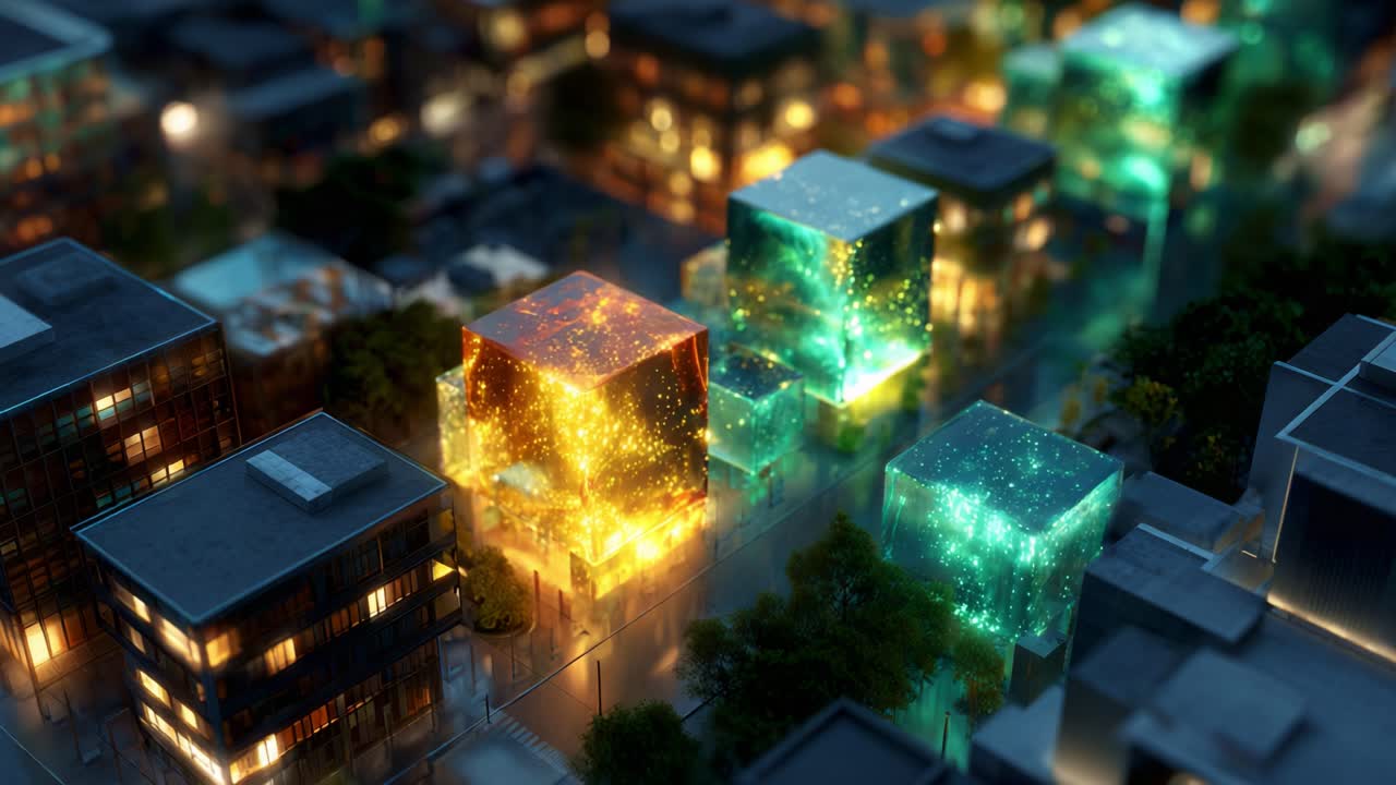 A mesmerizing aerial view showcasing futuristic, glowing cube structures in a vibrant urban landscape, illuminated with colorful lights and surrounded by modern buildings at night