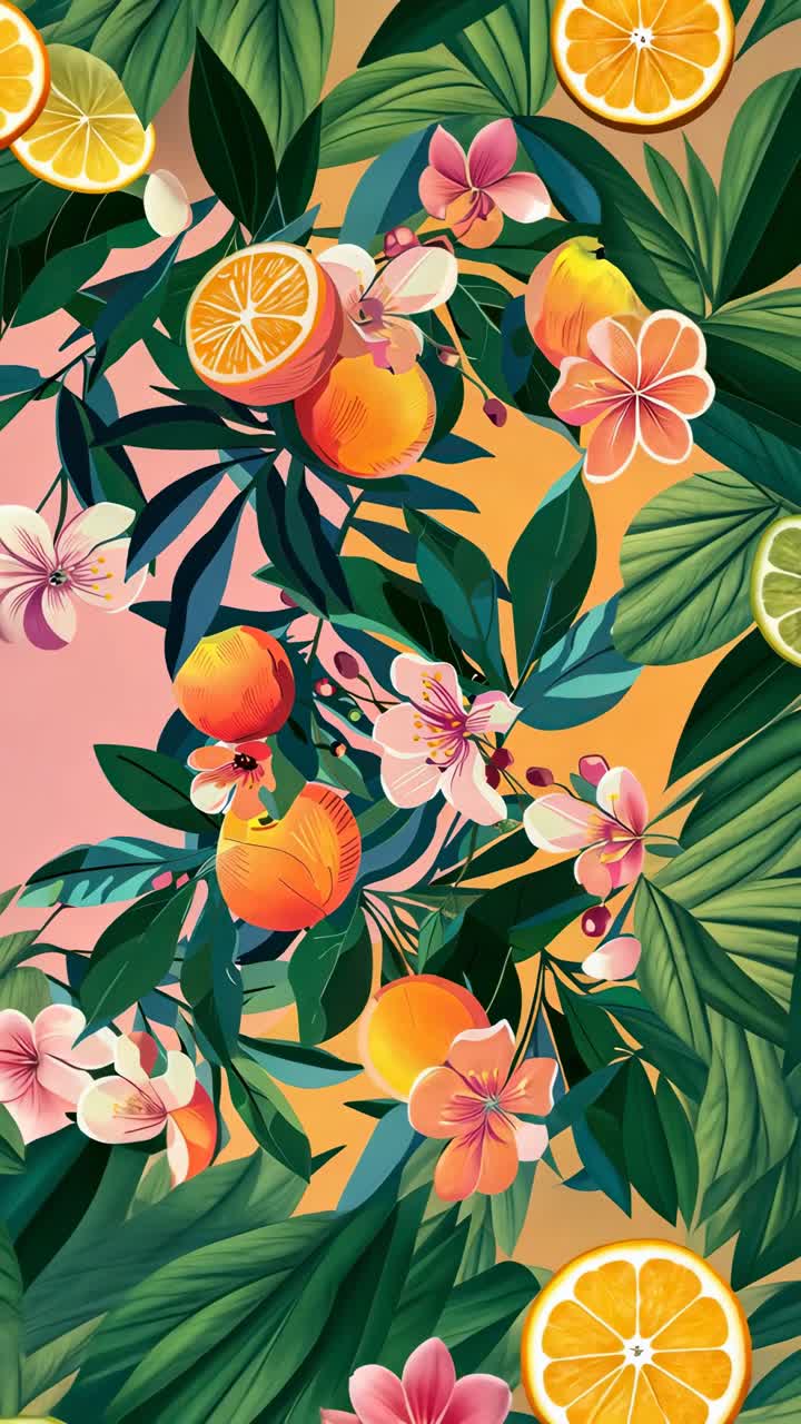 Vibrant, top-down video concept of oranges and blossoms in a tropical style, featuring bold colors