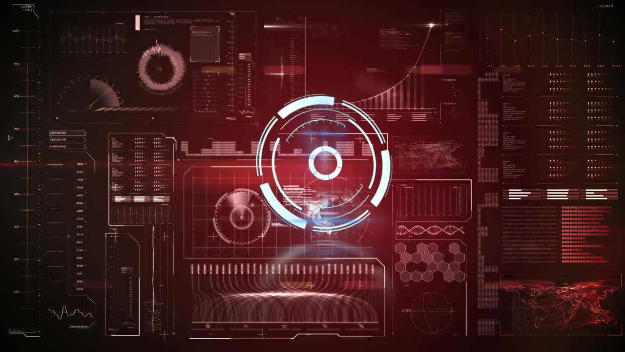 Animation of scope scanning over data processing on red background