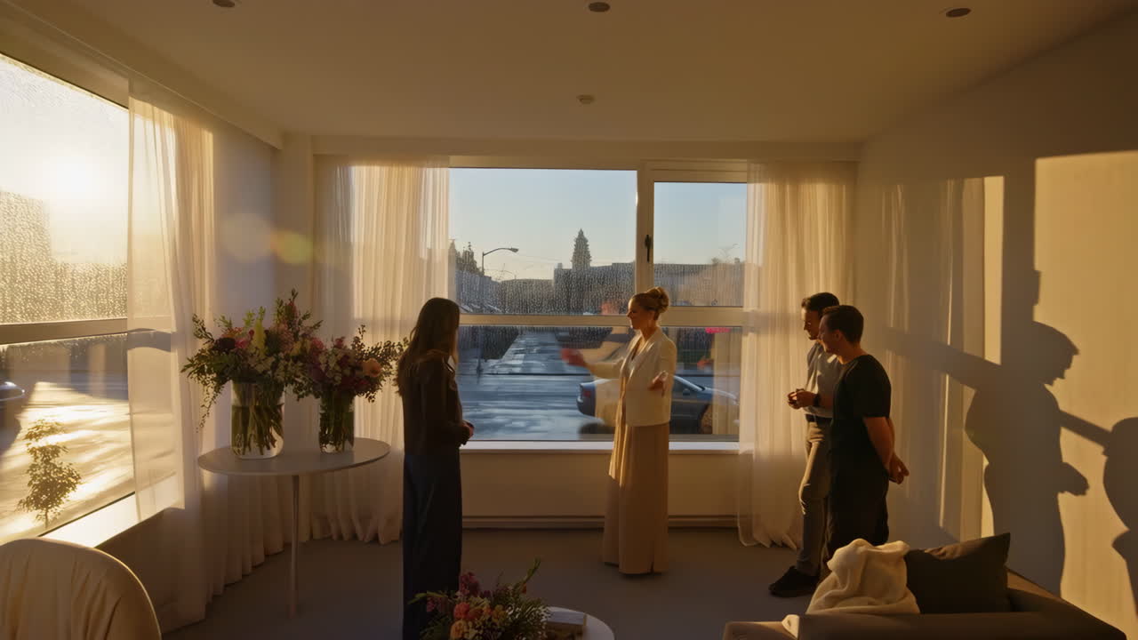 Four people conversing in a modern sunlit room with large windows overlooking a city street