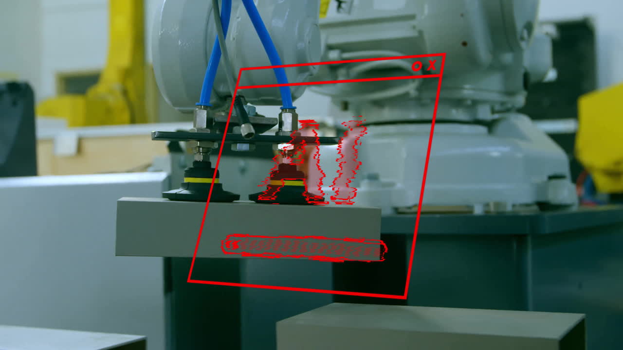 AI text and progress bar over industrial robot operating in factory