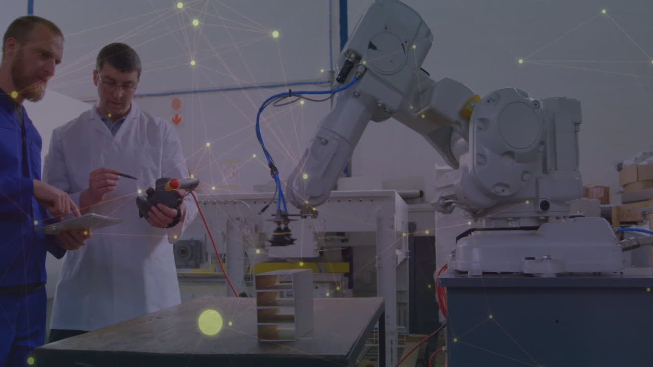 animazione di rete su ingegneri maschi caucasici con tablet che discutono del braccio robot