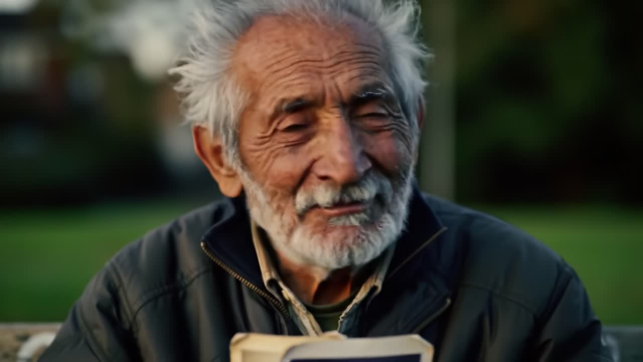 An Elderly Man Reflects on Life's Wisdom with a Warm Smile, Captured in Two Generations of Experience and Memories Amidst a Serene Outdoor Setting