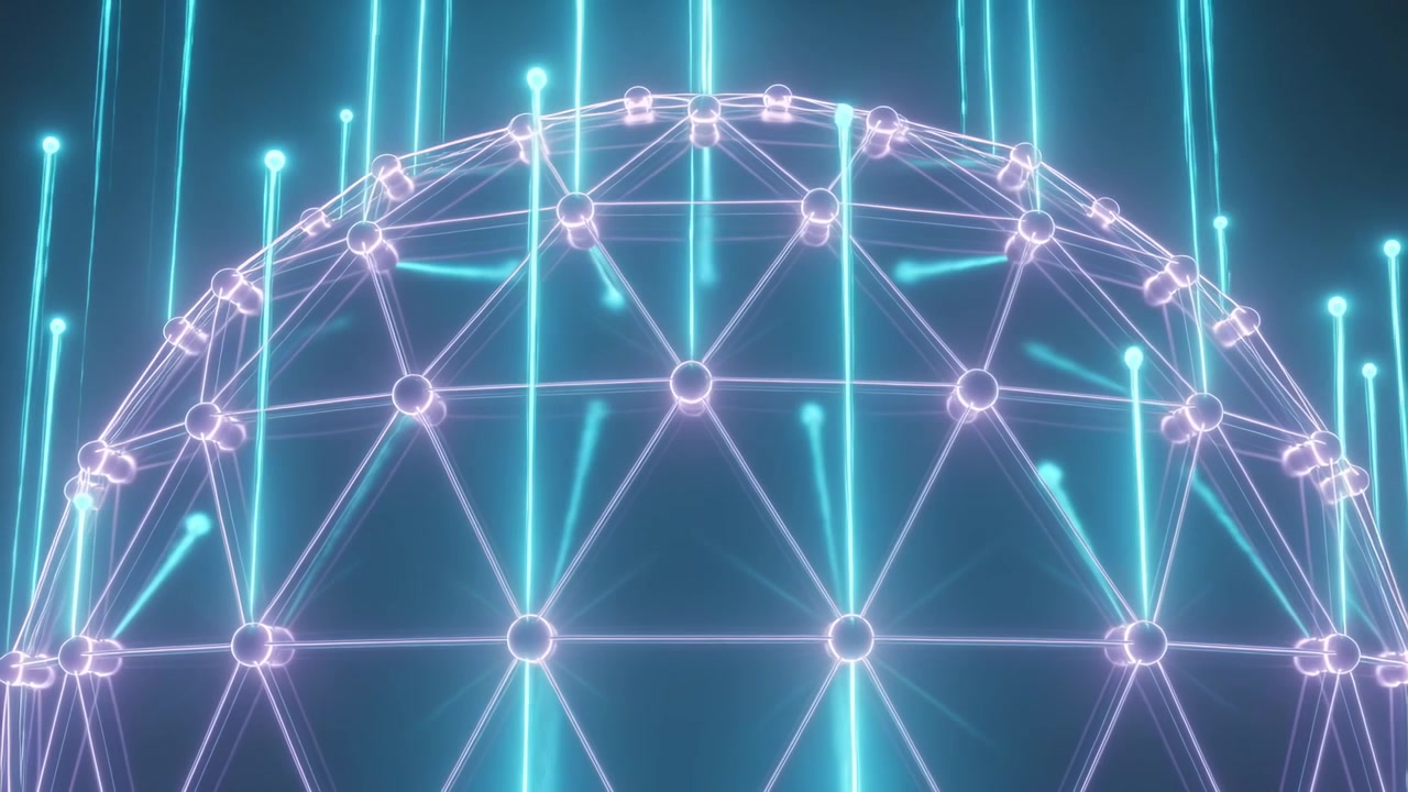Glowing geodesic dome receiving signal, emitting vertical cyan beams in studio and pulsing nodes