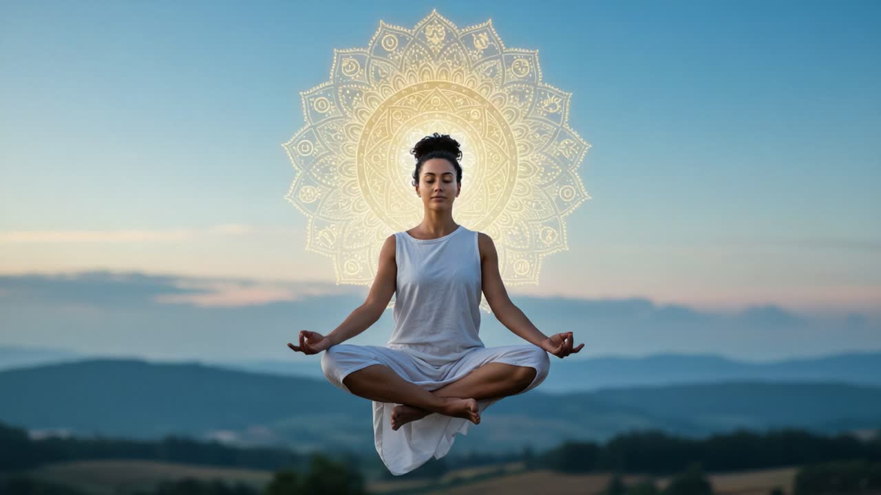 A Serene Moment of Meditation: A Woman Floating in Tranquility Against a Majestic Natural Landscape, Surrounded by a Glowing Mandala Symbolizing Harmony and Peace