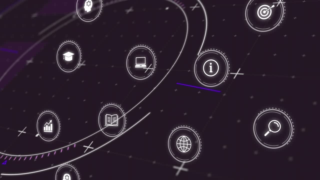 Camera rotation starting globe laptop moving along orbit arcs pulsing rings visualizing network