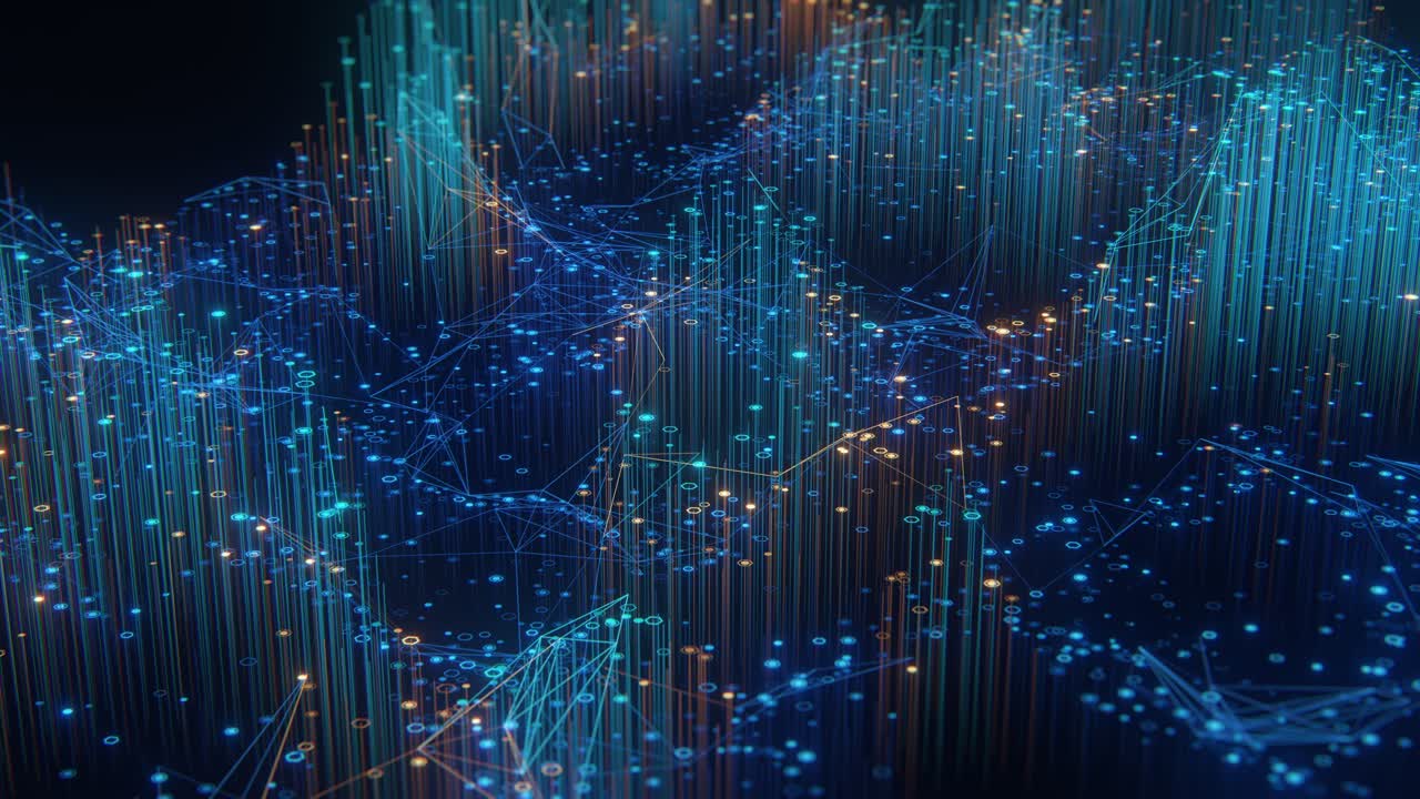 Abstract 3D big data stream with glowing blue and orange vertical lines, connected node network and polygon mesh on dark background. Futuristic data flow, blockchain, and digital technology visualization concept