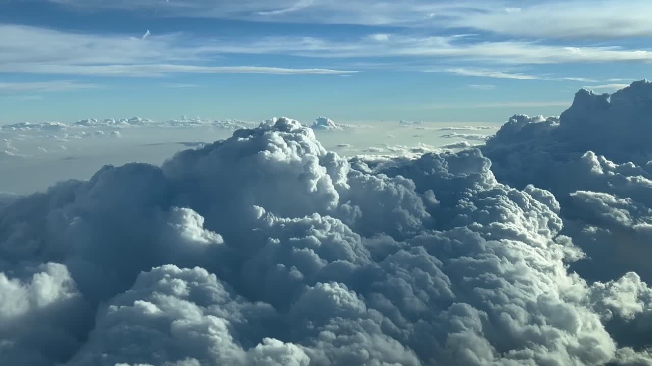 Storm clouds as seen from the above. Aerial footage taken from a jet cockpit flying at cruise level while flying above a stormy sky plenty of huge threatening dark clouds just before sunset. 4K 60FPS