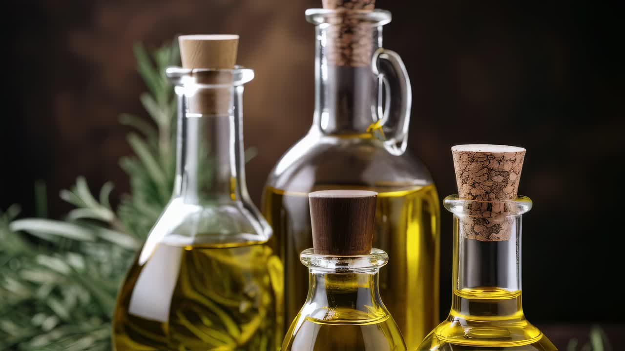Four glass bottles containing golden olive oil, sealed with cork stoppers, are arranged near a sprig of rosemary, evoking the essence of Italian cuisine and healthy eating habits