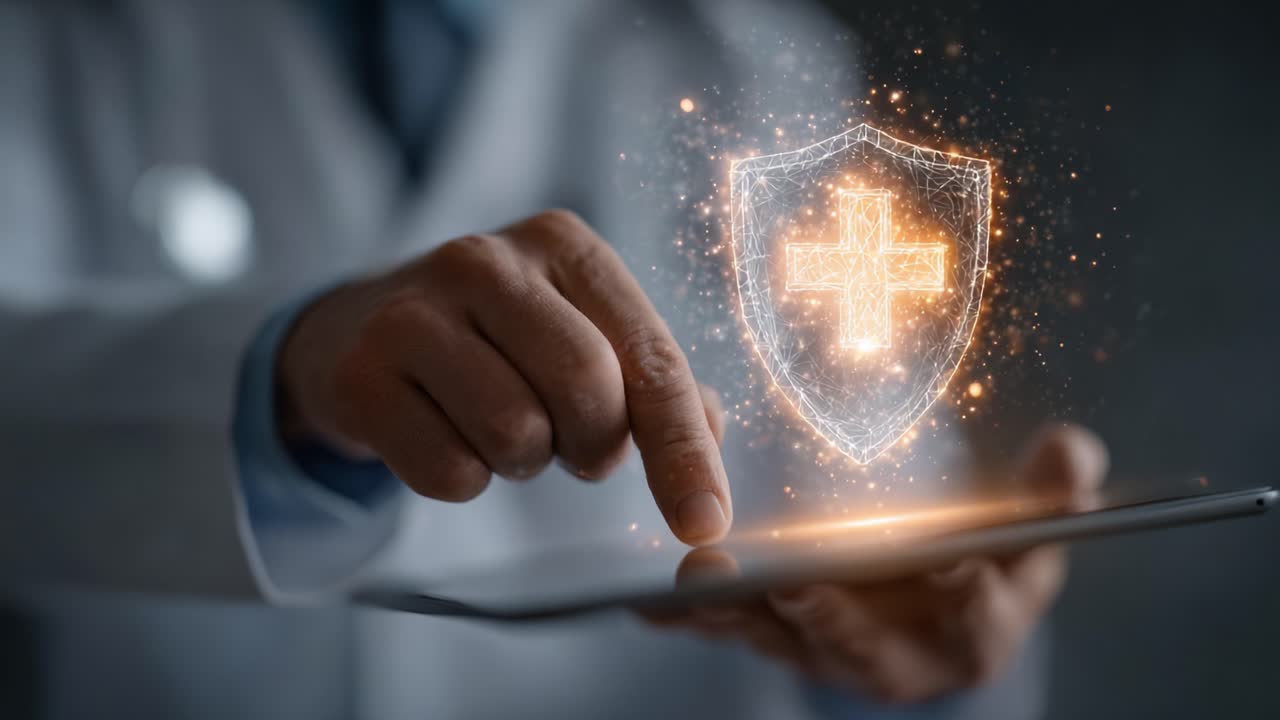 A Healthcare Professional Interacting with Digital Shield Symbolizing Health Protection through Innovative Technology and Medical Solutions
