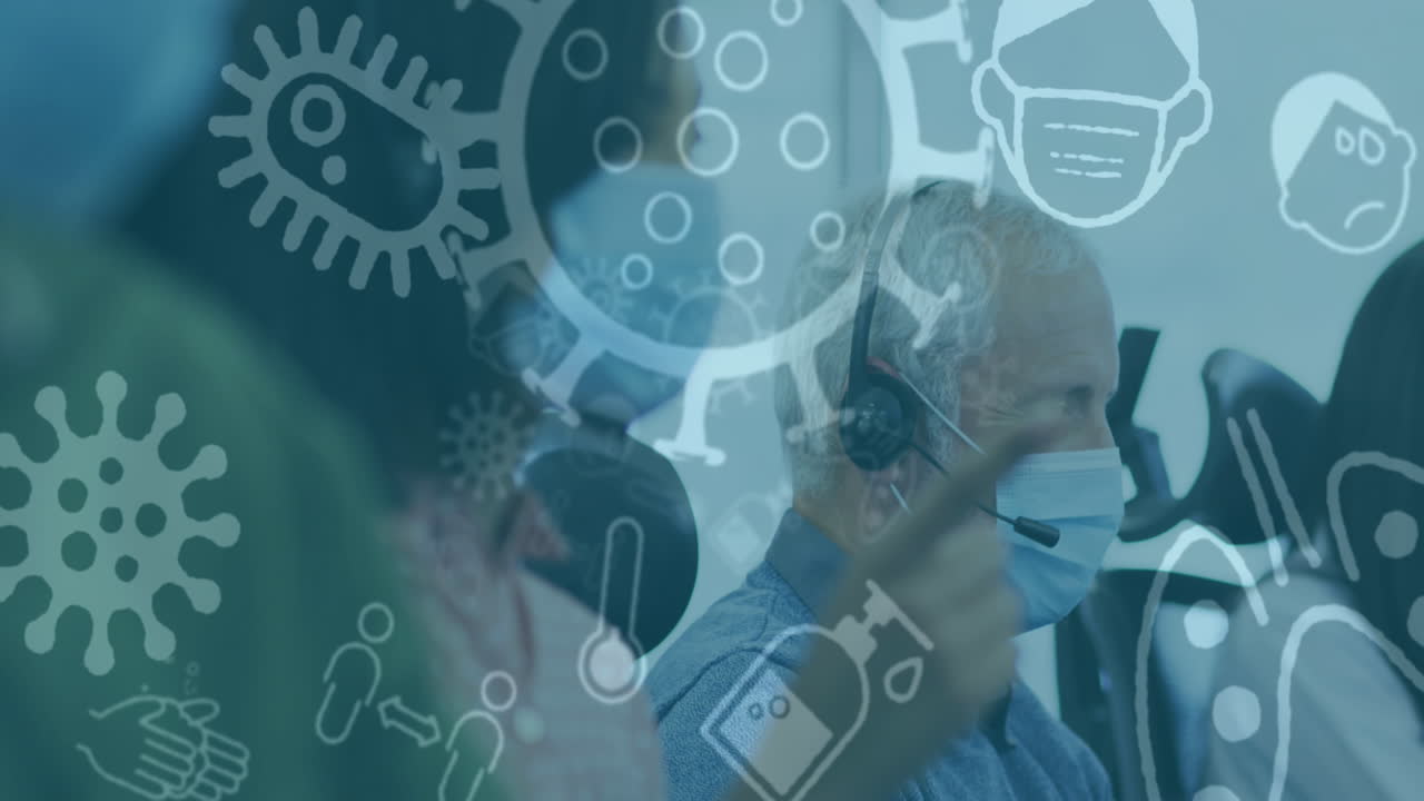 animación de iconos de covid-19 con colegas en la oficina usando máscaras faciales