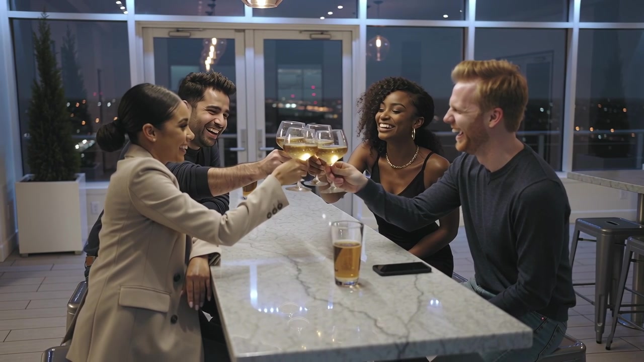 Lifting four smartcasual friends after eye contact on terrace toasting wine glasses, pint and phone