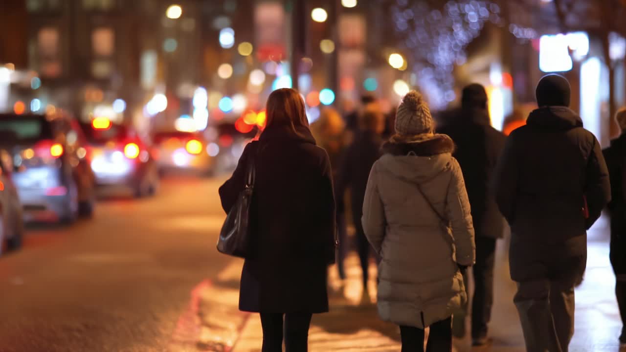 A Scenic Nighttime Stroll in the City - Two Friends Walk Alongside a Bustling Street, Illuminated by Vibrant City Lights and Captured Amidst a Dynamic Urban Environment