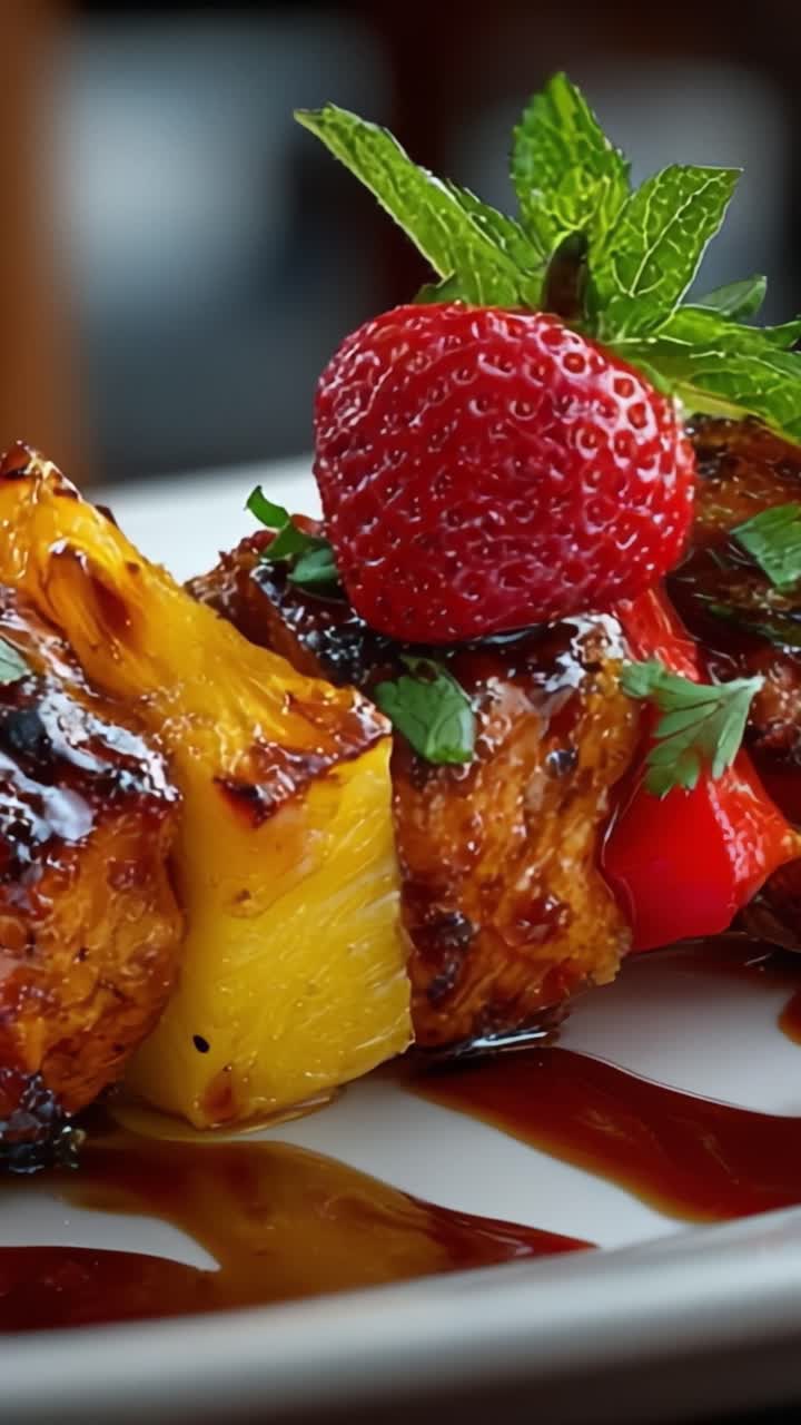 Squisiti spiedini grigliati con frutta glassata e guarnizione di menta fresca, che esaltano un'armoniosa fusione di sapori dolci e salati in ogni boccone.
