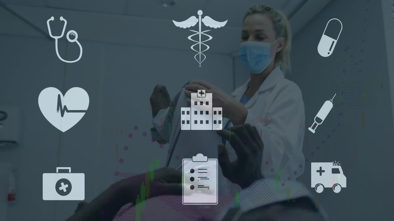 얼굴 마스크를 입은 백인 여성 의사 위에 의료 아이콘의 애니메이션