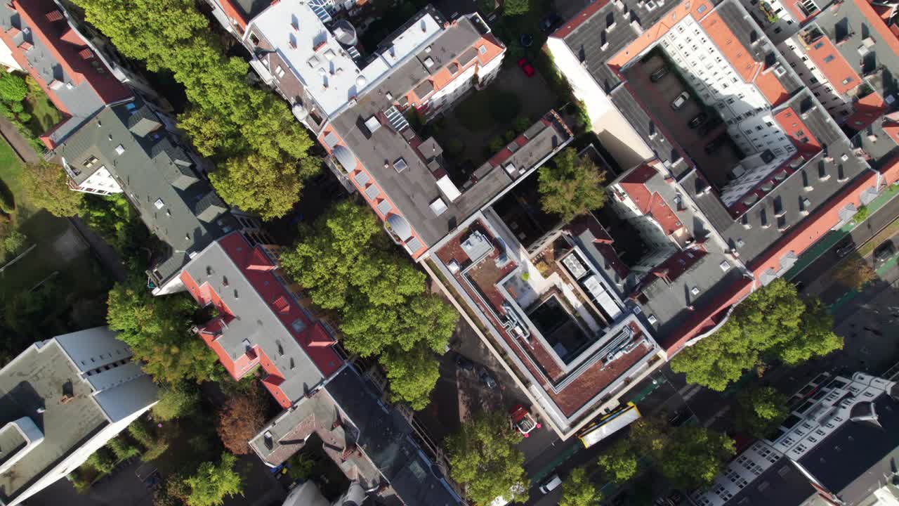 European city-scape. Overhead downward drone shot of Berlin, Germany, 4K