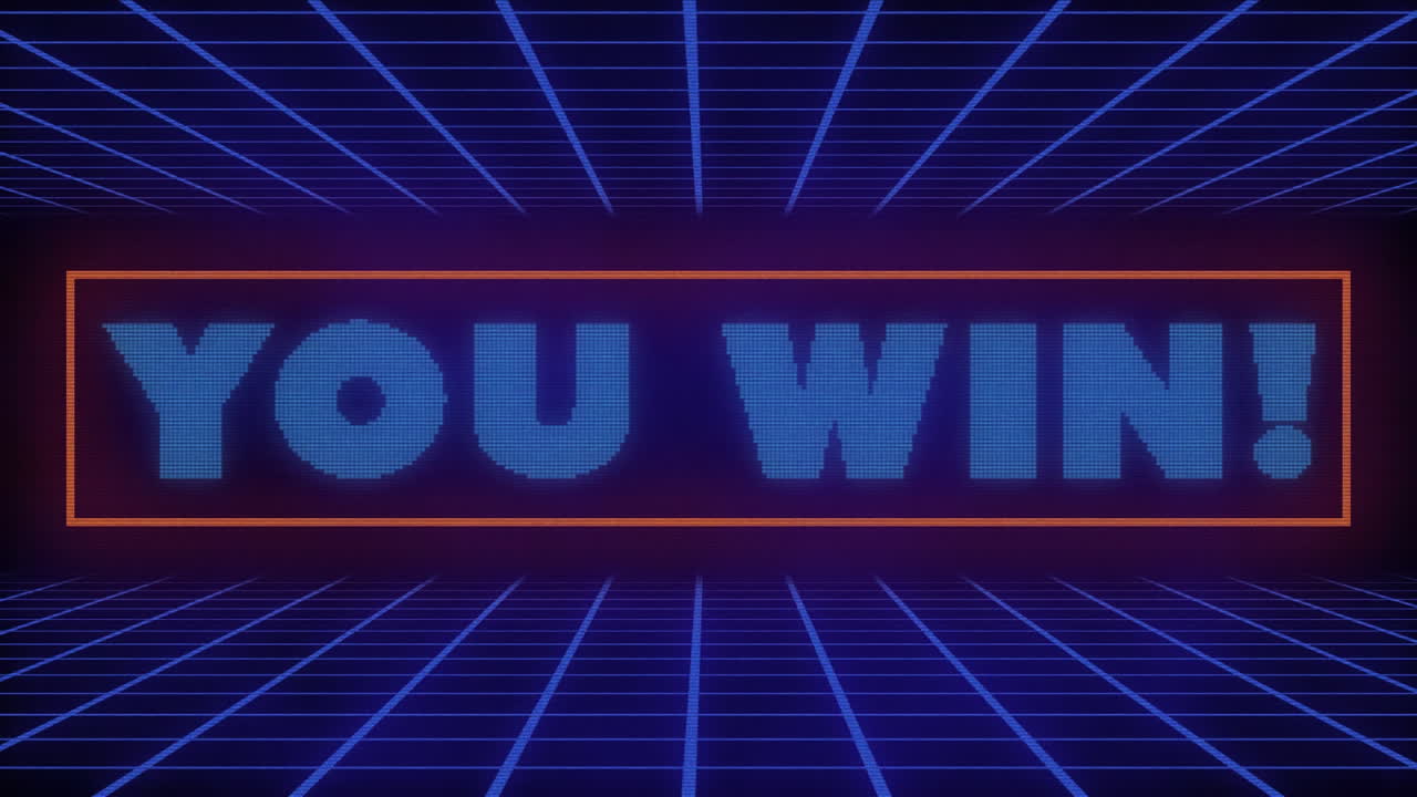 animación de usted ganar texto sobre cuadrícula y fondo oscuro