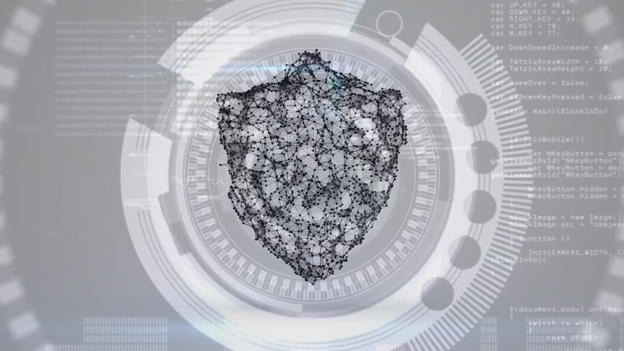 animación del escudo digital sobre fondo gris con círculos giratorios