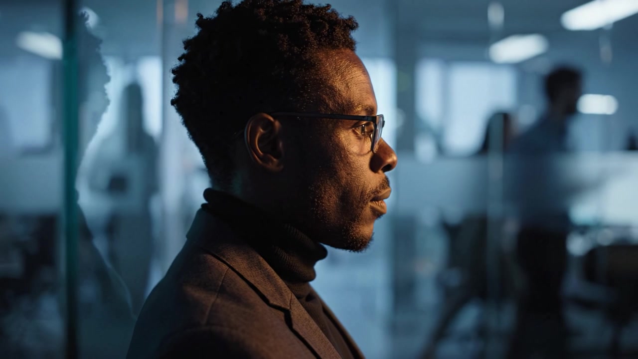 Professional profile of a thoughtful man wearing glasses in a modern office setting, reflecting focus and ambition amid a softly lit contemporary workspace environment.