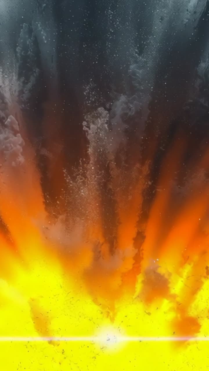 Vertical video: Building fiery explosion from smoke cloud, bursting at horizon, embers and debris