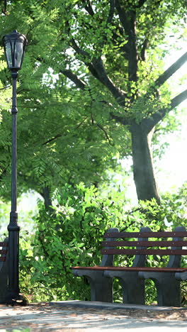 park scene with bench and streetlamp