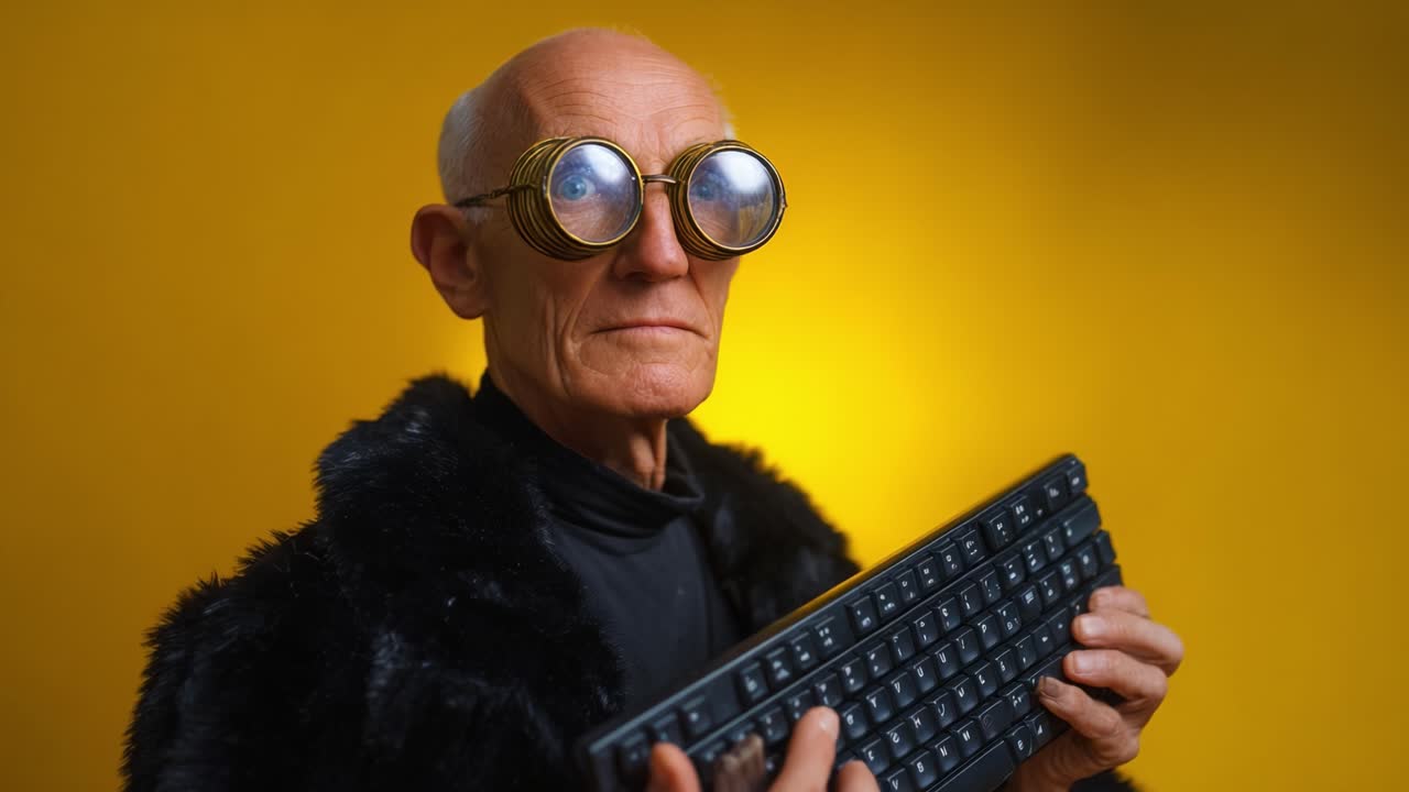 Seorang pria lanjut usia berkacamata nyentrik dan mengenakan mantel bulu hitam memegang keyboard di tangannya, menciptakan pose lucu namun menggugah pikiran dengan latar belakang kuning.