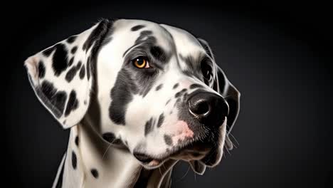 professional dalmatian dog standing motionless against deep dark background, gradually shifting facial expressions with attentive gaze and subtle head movements