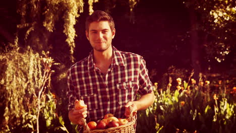 handsome man holding basket and eating apple