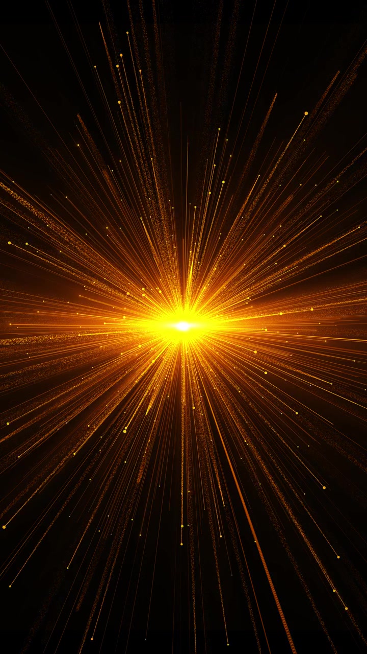Gold energy burst visual blazing central glow thin streak lines and scattered glowing dots across