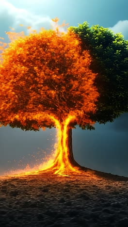 burning tree in a dramatic landscape. a striking tree displays leaves of vibrant orange and green, and flames dance around its base in a dark, moody setting.