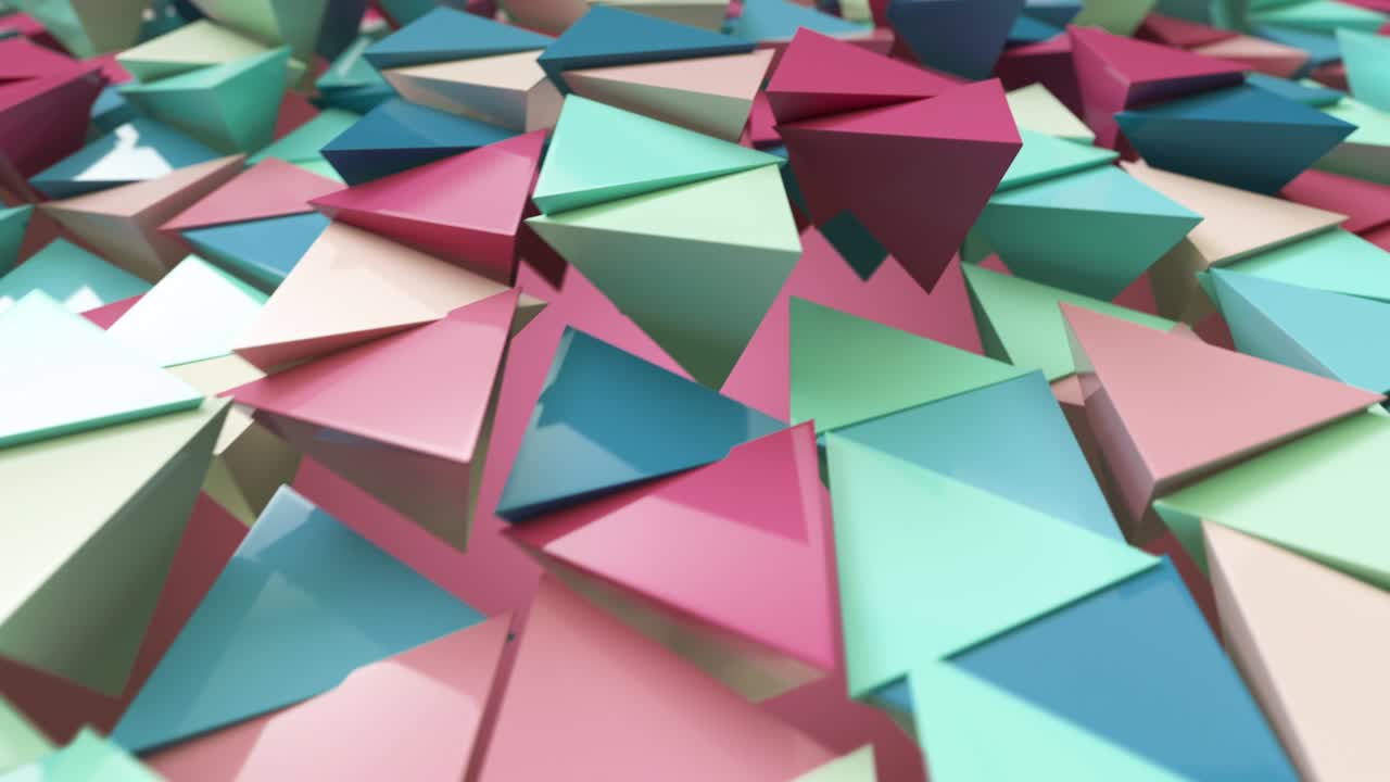 animación de movimiento abstracto de brillantes triángulos tridimensionales multicolores. pastel colores agradables y tranquilos. bucle sin costuras 3d render