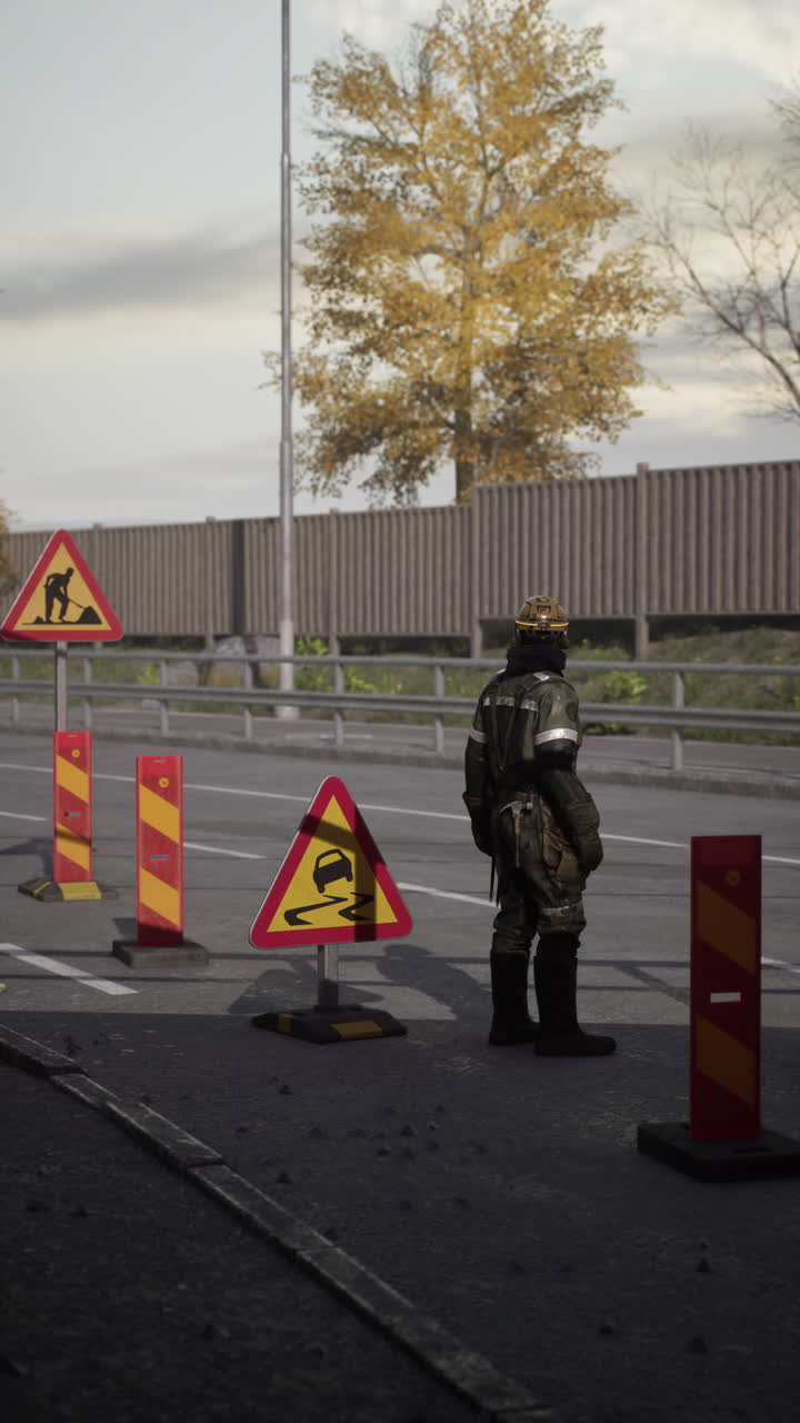 Road worker overseeing construction with warning signs on a busy road
