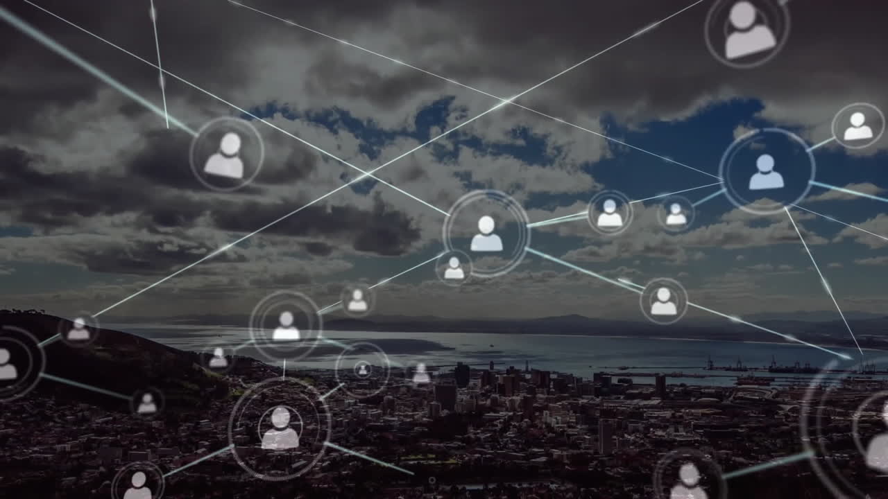 animación de la red de conexiones con iconos sobre el paisaje urbano