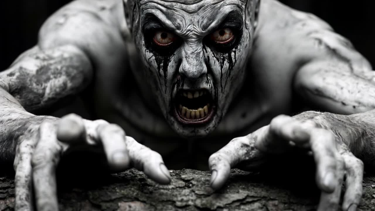 A creepy looking zombie with red eyes peeking over a tree branch