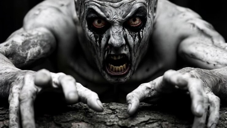A creepy looking zombie with red eyes peeking over a tree branch