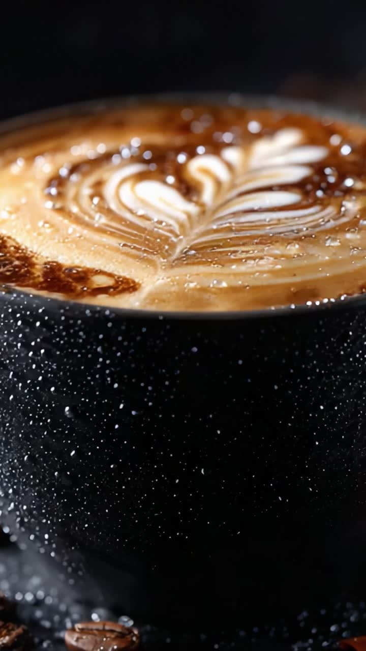 Goditi l'aroma ricco e l'arte del caffè: affascinante latte art che mostra un design a foglia stravagante in una bellissima tazza nera