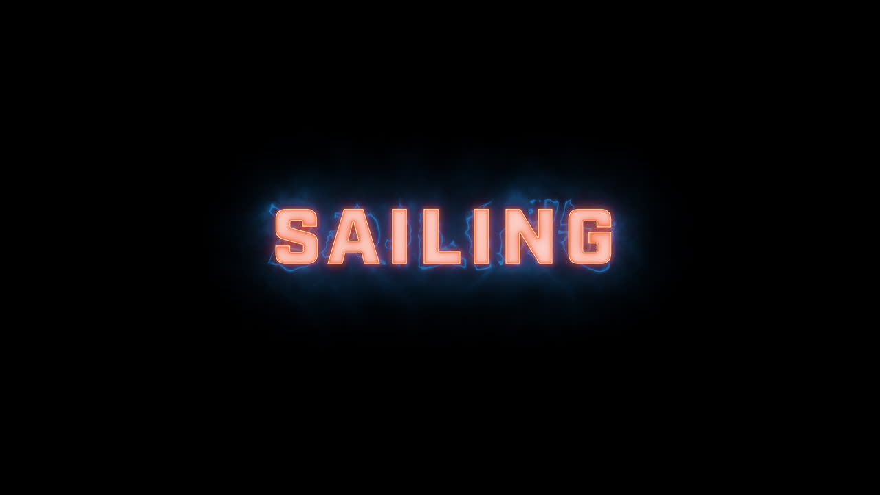 검은색 배경에 다양한 색상 옵션과 함께 "sailing"라는 단어의 짧은 고품질 모션 그래픽 타이포그래픽 공개, 전기, 안개 요소로 애니메이션 및 애니메이션