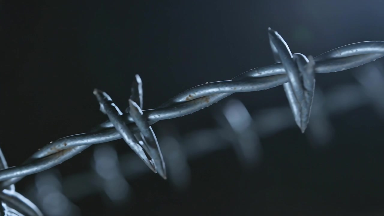 Pulling focus and sliding camera revealing barbed wire in studio, showing sharp barbs lens flare