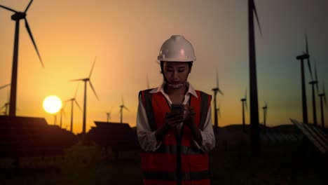 asian female engineer in a helmet using smartphone while standing in front of wind turbines rotating at sunset