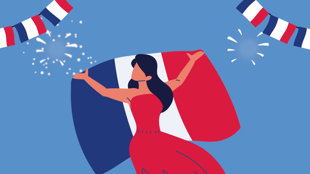 ragazza con bandiera francese e ghirlande