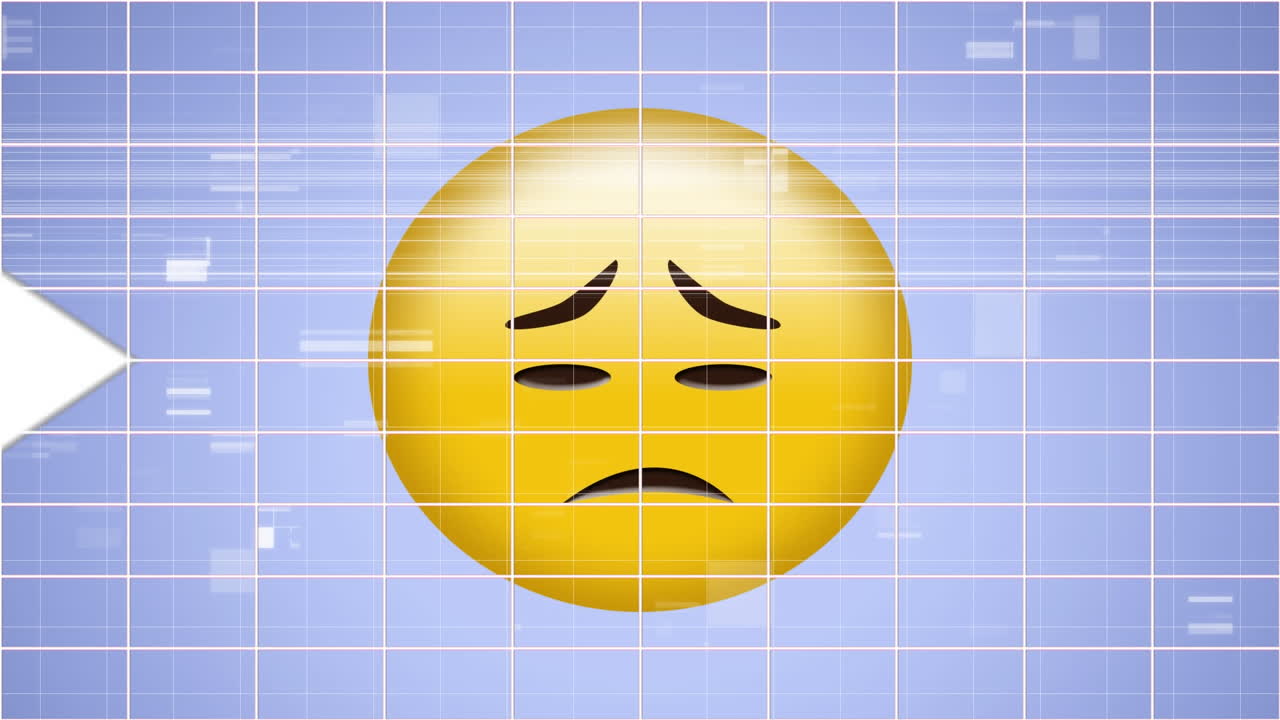 배경에서 그리드 위에 슬픈 이모지 아이콘과 함께 화살표의 애니메이션