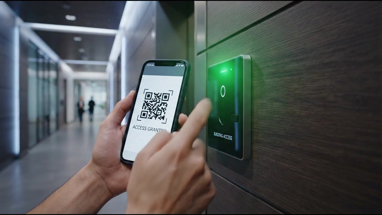 Pessoa usando código QR de smartphone para abrir porta de escritório