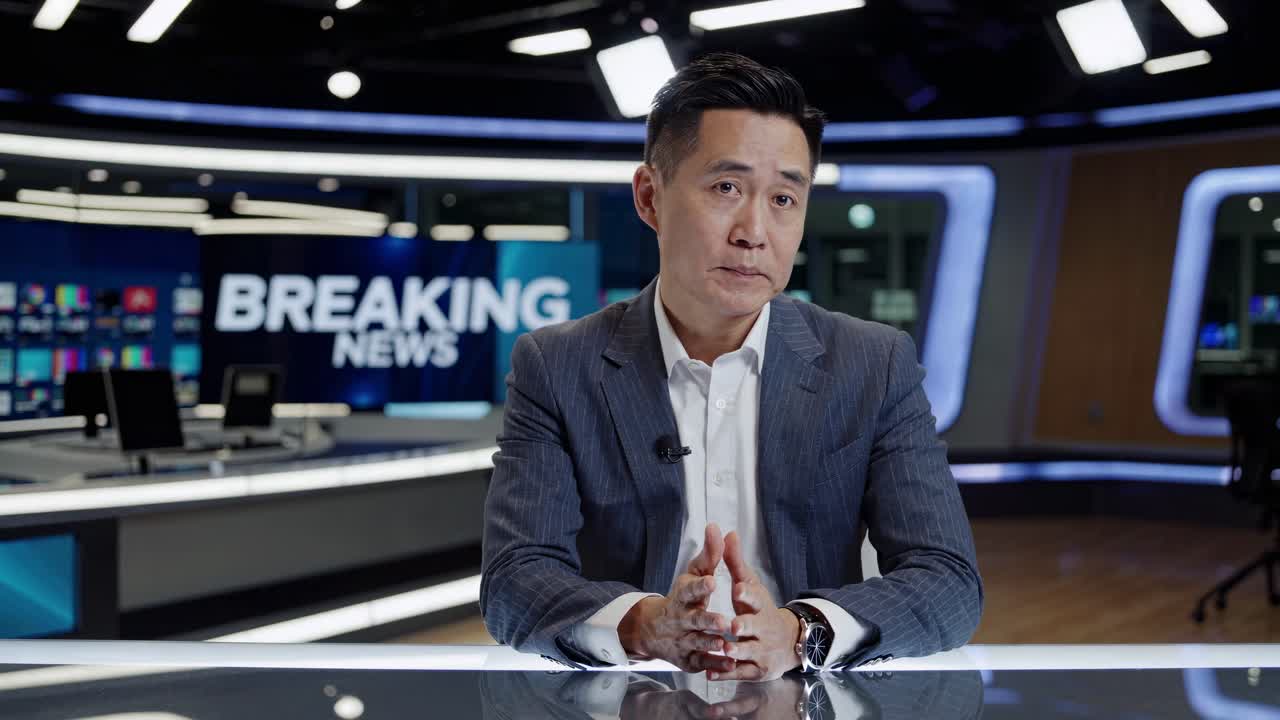 News anchor in a studio, captured from a front-facing angle