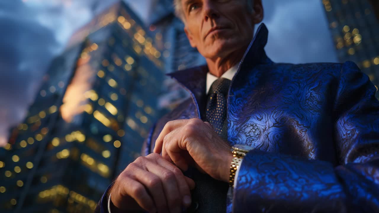 A sophisticated gentleman in a luxurious blue coat stands confidently against a modern urban skyline, blending elegance with contemporary architecture as twilight casts a captivating glow on the scene
