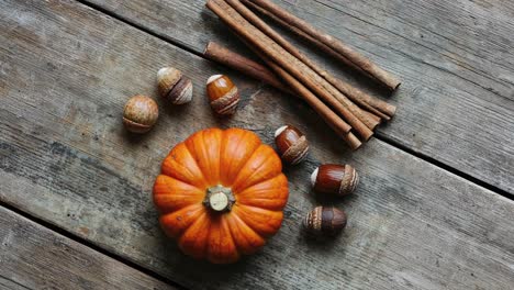 autumn still life with pumpkin, acorns, and cinnamon sticks on rustic wood